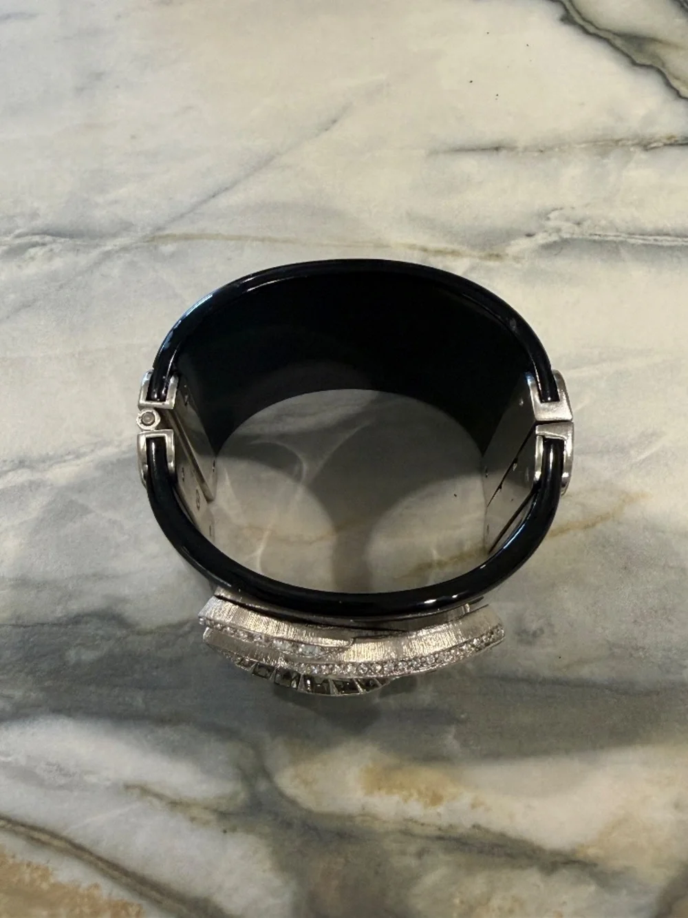 Chanel Black Resin wide cuff bracelet with interlocking CC crystal logo